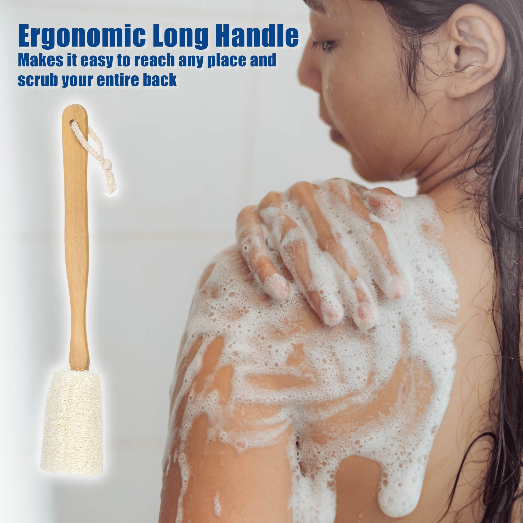 Unique Bargains 1 Pc Bath Brush Back Scrubber Wood with Handle Brown Beige 3.9inch