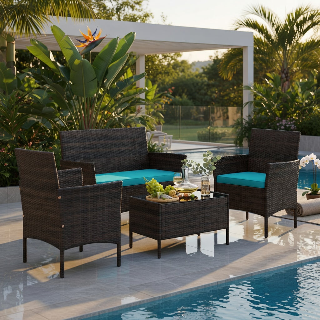 Hommoo 4-Piece Outdoor Rattan Patio Conversation Set with Plush Seat Cushions, PE Wicker Loveseat + 2 Chairs + Tempered Glass Coffee Table, Turquoise
