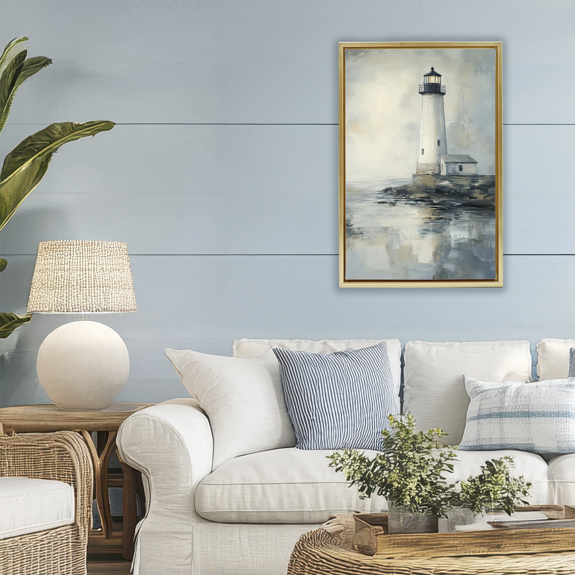 Stupell Industries Moody Lighthouse Reflecting Gold Framed Floater Canvas Wall Art, design by Petal Prints Design