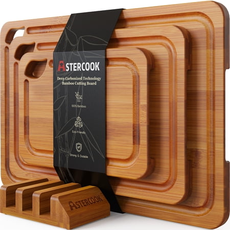 astercook 4-pieces wood cutting board, bamboo chopping board for kitchen with holder, cutting boards set with juice groove and handles, charcuterie board for chopping meat, vegetables and fruits