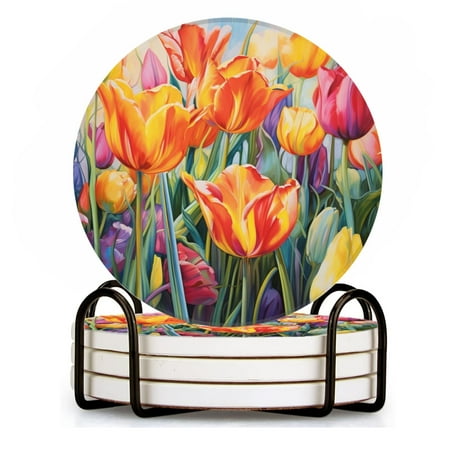 

BaHomeck Drink Coasters Set of 4 with Holder Tulips in full bloom with rich colors and detailed petals Water Absorbent Ceramic Coasters Tabletop Protection Suitable for Various Cup Home Decor