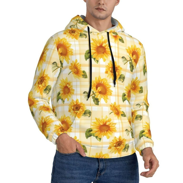 Balery Light Yellow Plaid Sunflower Pattern Mens Hoodie Kangaroo