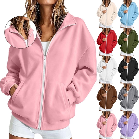 Frostluinai Women's Zip up Jacket Lightweight Sweatshirt Coats Zip Mock Neck Long Sleeve Drop Shoulder Athletic Jackets with Pocket S-2XL