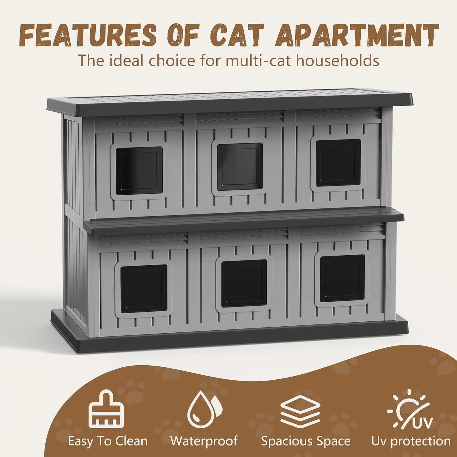FICARTS Large Double-Decker Outdoor Cat Shelter - Weatherproof, UV-Protected, with Adjustable Window & Balcony (Black and Grey)