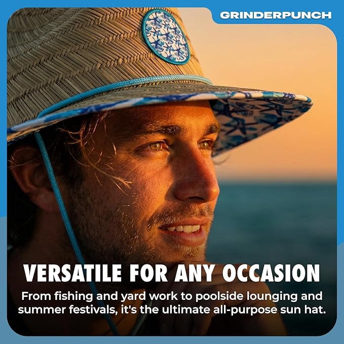 Grinderpunch Lifeguard Hat Mens Straw Sun Hat for Beach, Outdoor, and Travel | UPF 50+ Sun Protection | Wide Brim Straw Beach Hat | Classic Sun Hat for Men and Women (Blue Nautical)