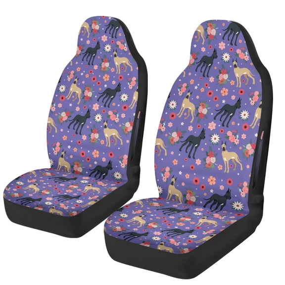 POLERO Protective Auto Front Seat Covers for Automotive, Polyester Fabric Elastic Stretchy Seat Covers, Dog Floral Purple Print