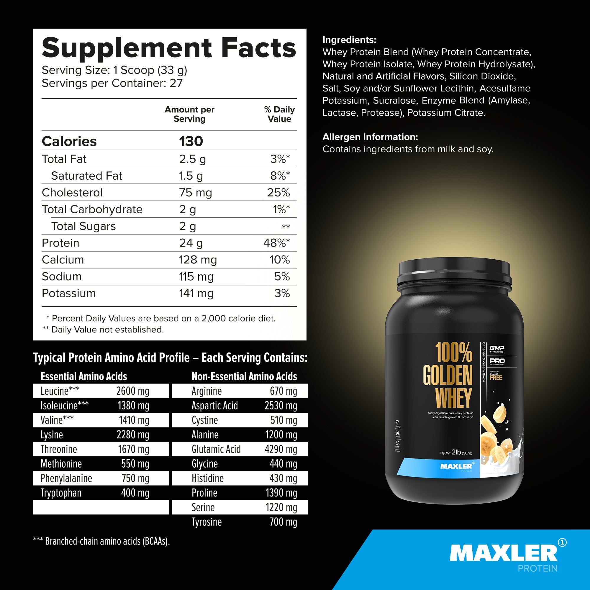 Maxler 100% Golden Whey Protein Powder - Bananas & Cream 2 lb