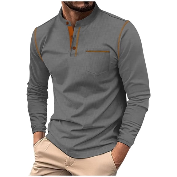 GuangCheng George Men Long Sleeve Henley T-shirts Mock Neck Chest Pocket Contrast Stitching Slim Fit Stretch Comfort Casual Tops,Gray,M