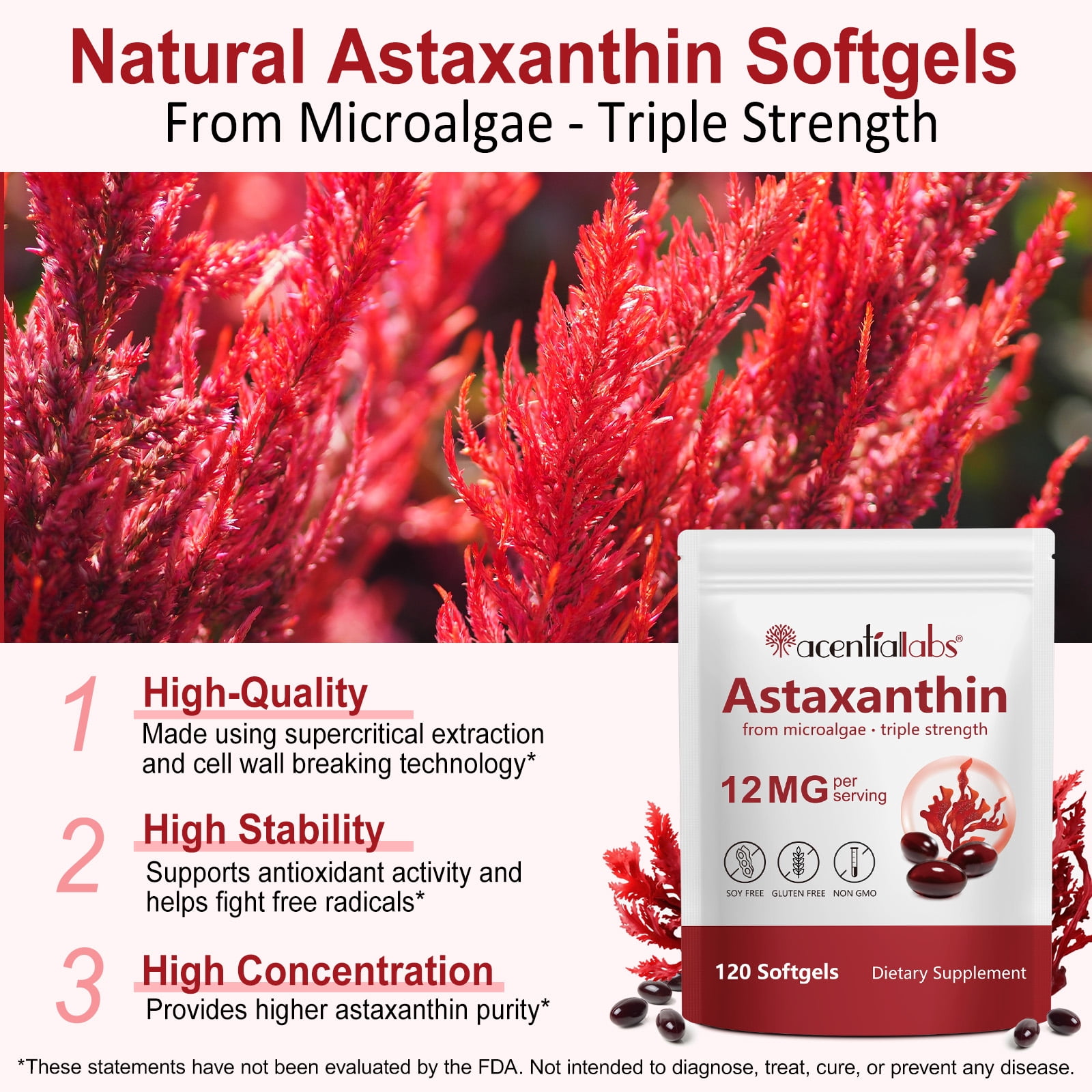 Astaxanthin 12mg 120 Softgels, Antioxidant Supplement for Eye, Joint & Skin Health, 4 Month Supply, 2 Pack
