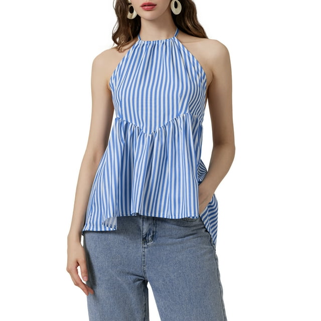FOCUSNORM Débardeurs de Mode d'Été Femmes Sans Manches Dos Ouvert Licol Cou Rayé Peplum Tops