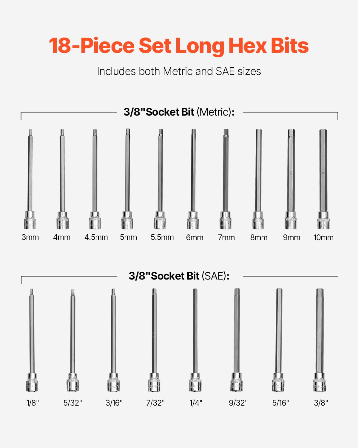 VEVOR Extra Long Allen Hex Bit Socket Set, 18-Piece 3/8 inch Drive, S2 Alloy Steel and Cr-V Steel, Standard SAE and Metric 1/8-Inch-3/8-Inch, 3-12mm, with Enhanced Storage Case, for Mechanics
