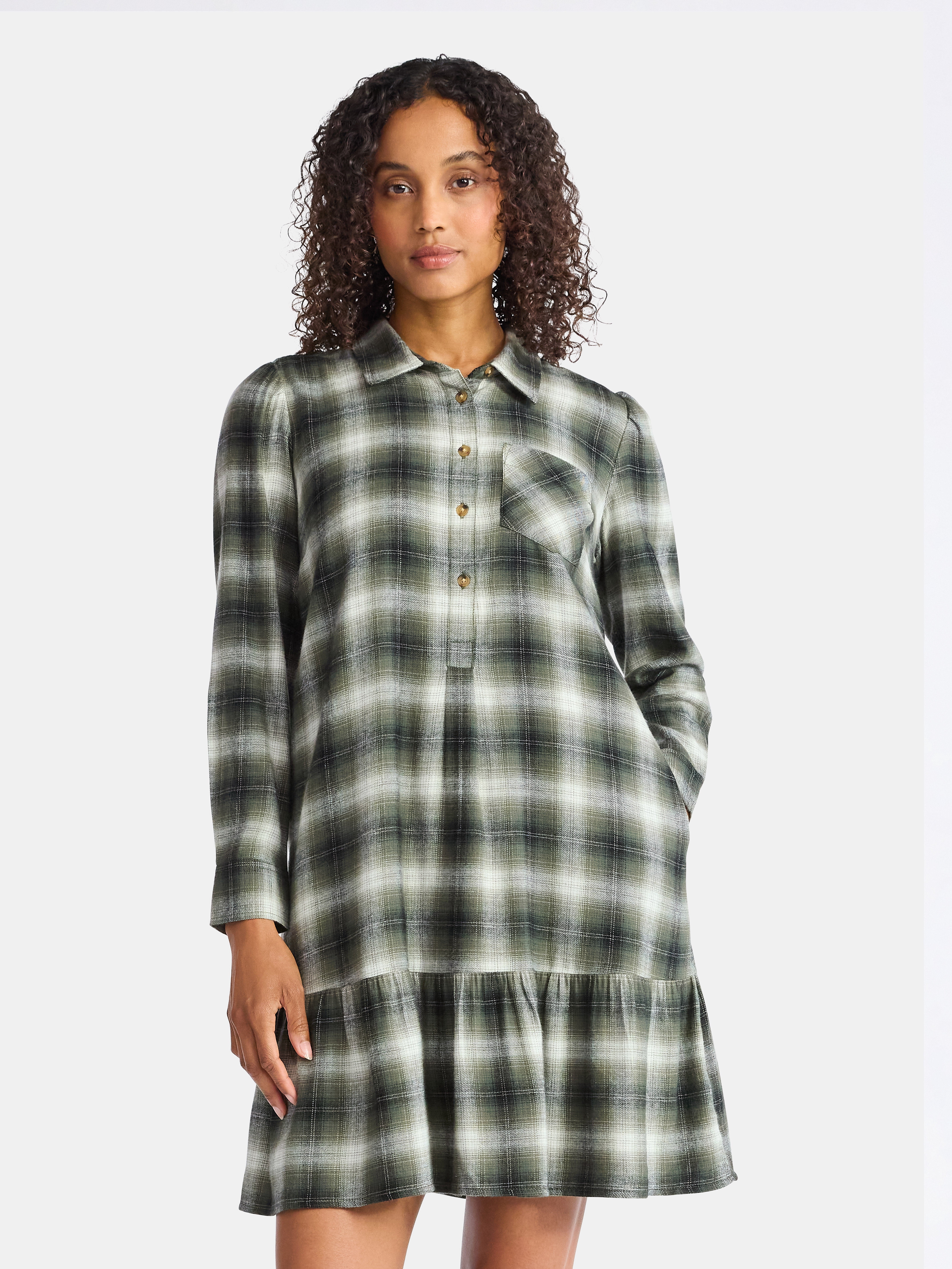 Time and Tru Women's Plaid Mini Dress with Long Sleeves, Sizes XS-XXXL