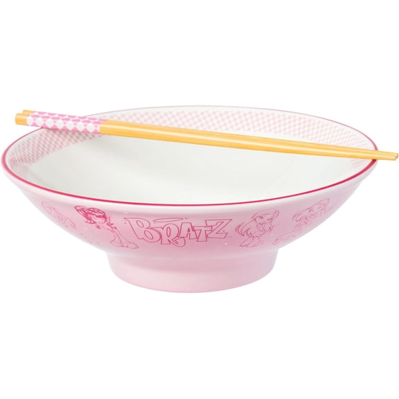 Bratz Featuring Cloe, Yasmin, Jade, and Sasha Ceramic Ramen Noodle Rice Bowl with Chopsticks, Microwave Safe, 30 Ounces