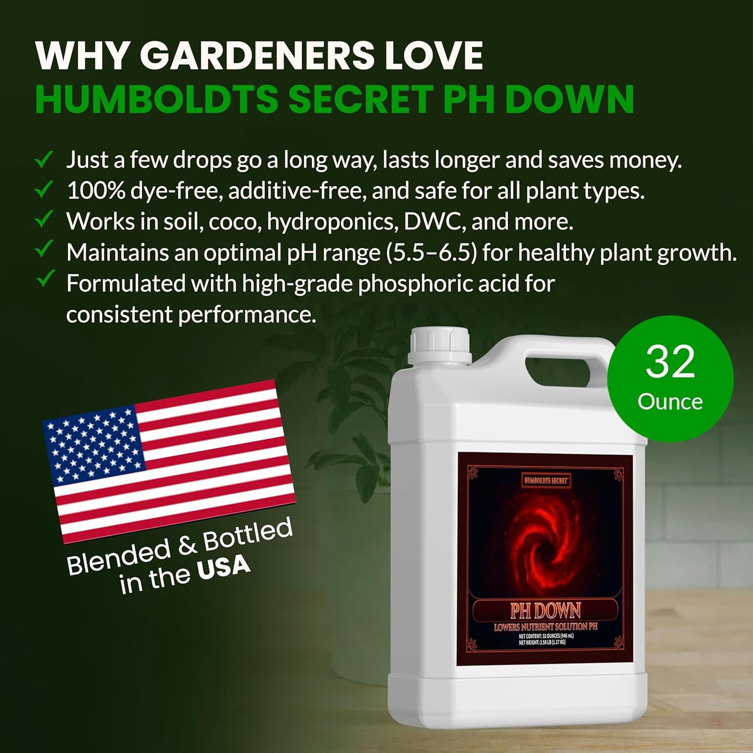 pH Down for Plants | Liquid pH Adjuster and Balancer for Soil Coco Hydroponics | Concentrated Phosphoric Acid Solution Supporting Nutrient Uptake and Strong Growth | 32 Ounce