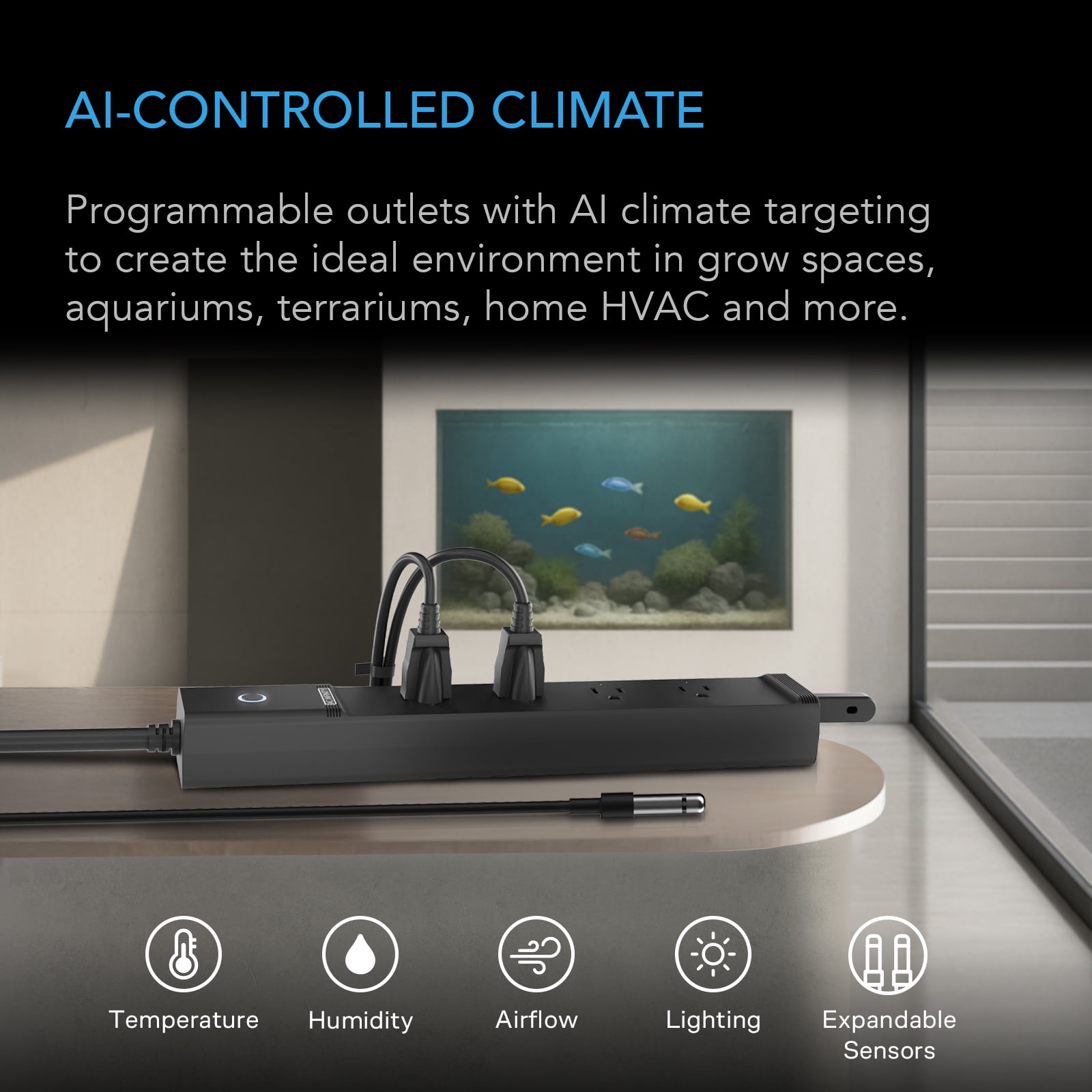 AC Infinity OUTLET AI, Environment Controller, Smart WIFI Power Strip, Dual-Zone Temperature Humidity, Individual Control 4 Plugs, AI Targeting, Thermostat Greenhouse Aquarium Terrarium Home, 1800W