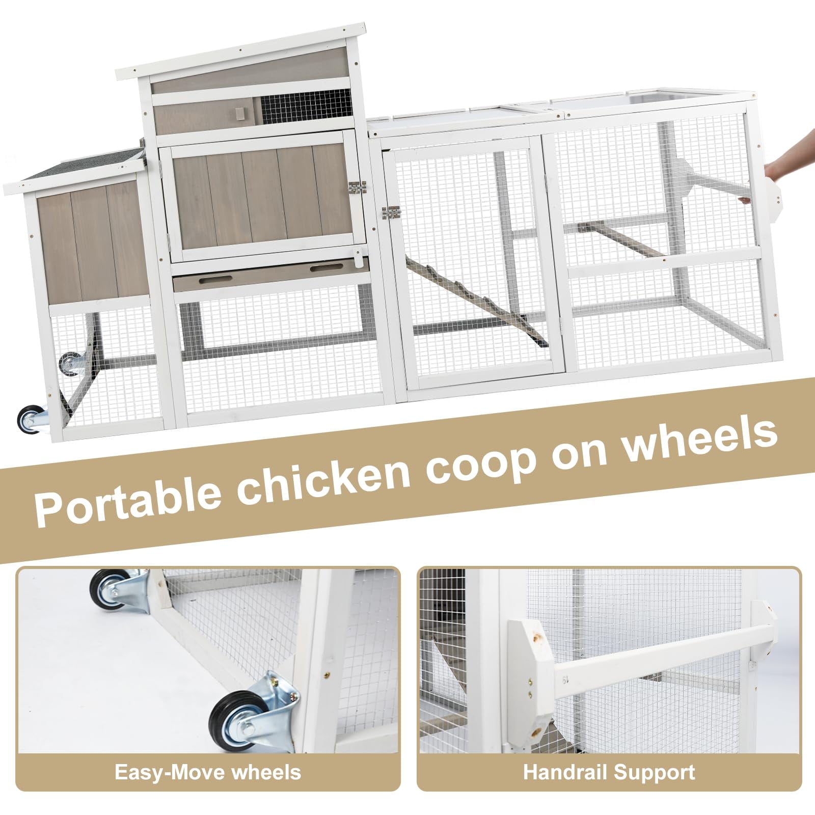 PETSCOSSET Chicken Coop Chicken House Outdoor with 3 Perches, Nesting Box and Removable Tray Hen House Rabbit Hutch Chicken Poultry Cage with Ramp Run for Garden Backyard