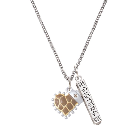 Delight Jewelry Brown Giraffe Print Heart with Nurse Hat Silvertone Sisters Best Friends Forever Bar Charm Necklace, 23"