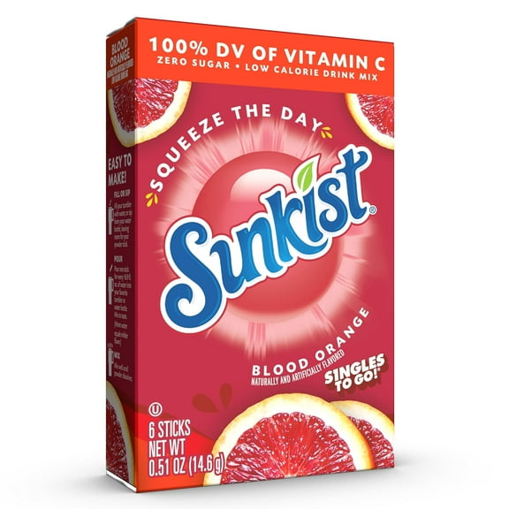 Sunkist Blood Orange Singles To Go Powder Drink Mix, Zero Sugar, Low Calorie, 6 Sticks, 0.51 oz