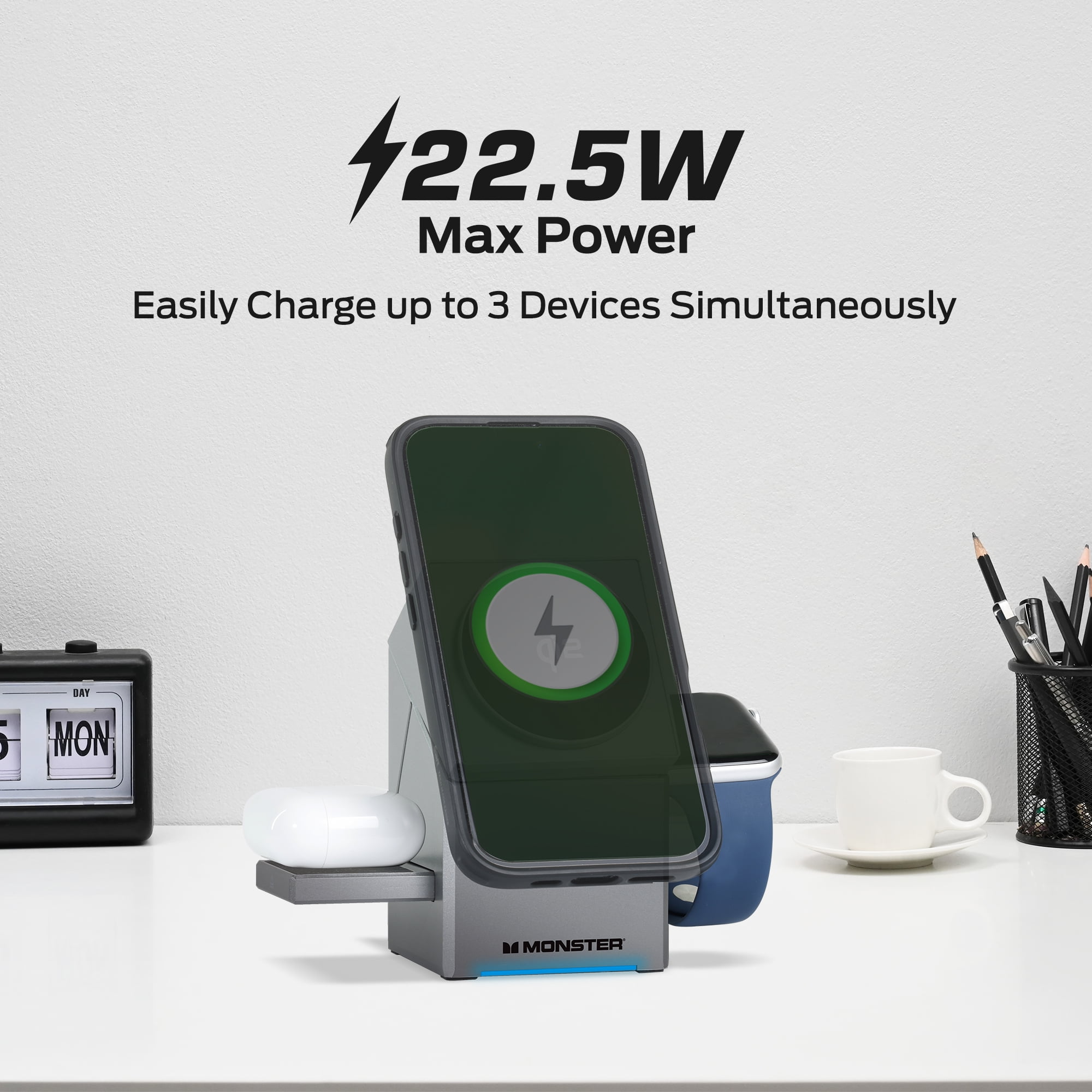 Monster 3-in-1 Wireless Charger Stand, Qi2 Magnetic iPhone Charger for iPhone 16/15/14/13, Apple Watch & AirPods, Motorized Rotating Phone Charger, 22.5W, 30W USB-C PD Adapter