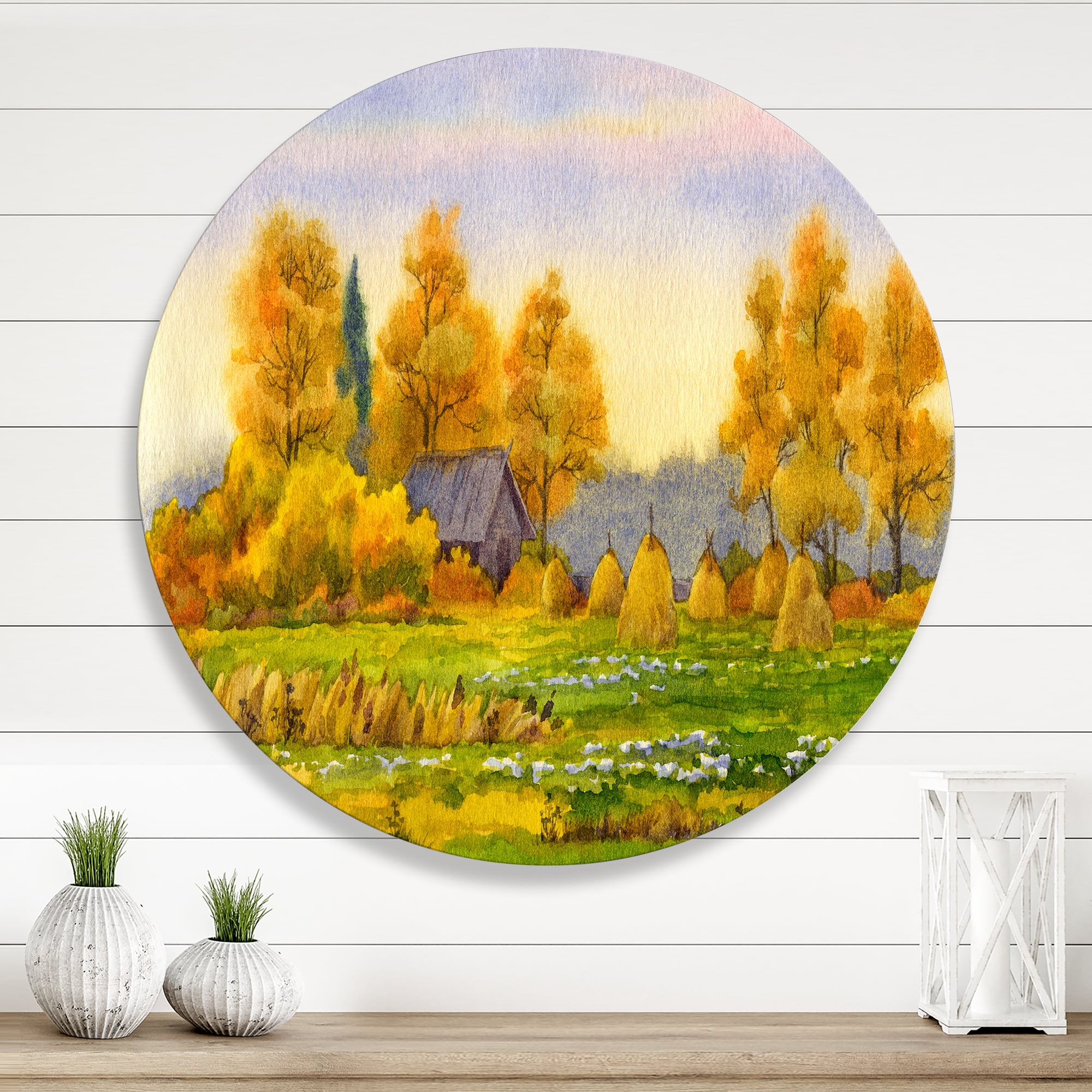 Designart 'Orange Fields With Haystacks II' Lake House Circle Metal Wall Art 11x11 - Disc of 11