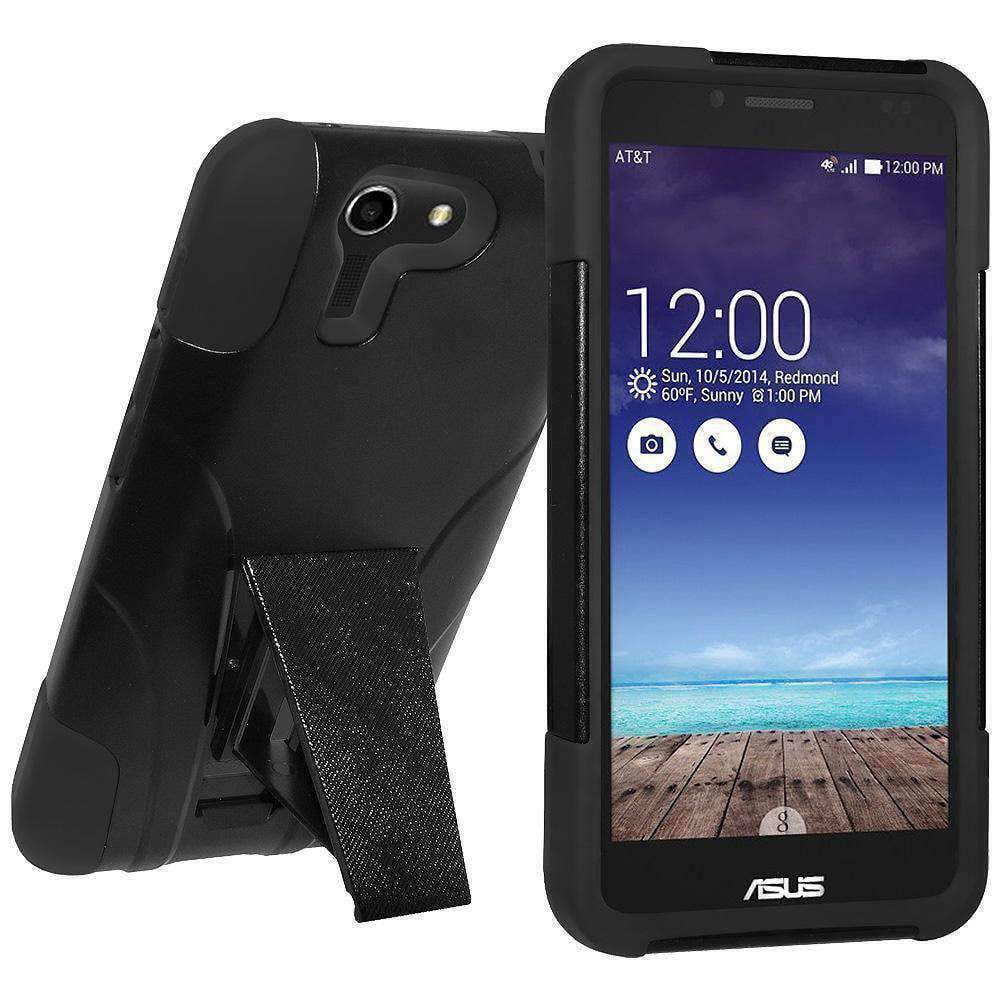 AMZER BLACK/ BLACK DOUBLE LAYER HYBRID CASE WITH KICKSTAND FOR ASUS PADFONE X