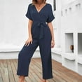 thumbnail image 2 of Women Short Sleeve Bandage Solid Casual V Neck Loose Wide Leg Overalls Jumpsuit Lady Baggy Rompers Overalls Female Dungarees Romper Playsuit, 2 of 4