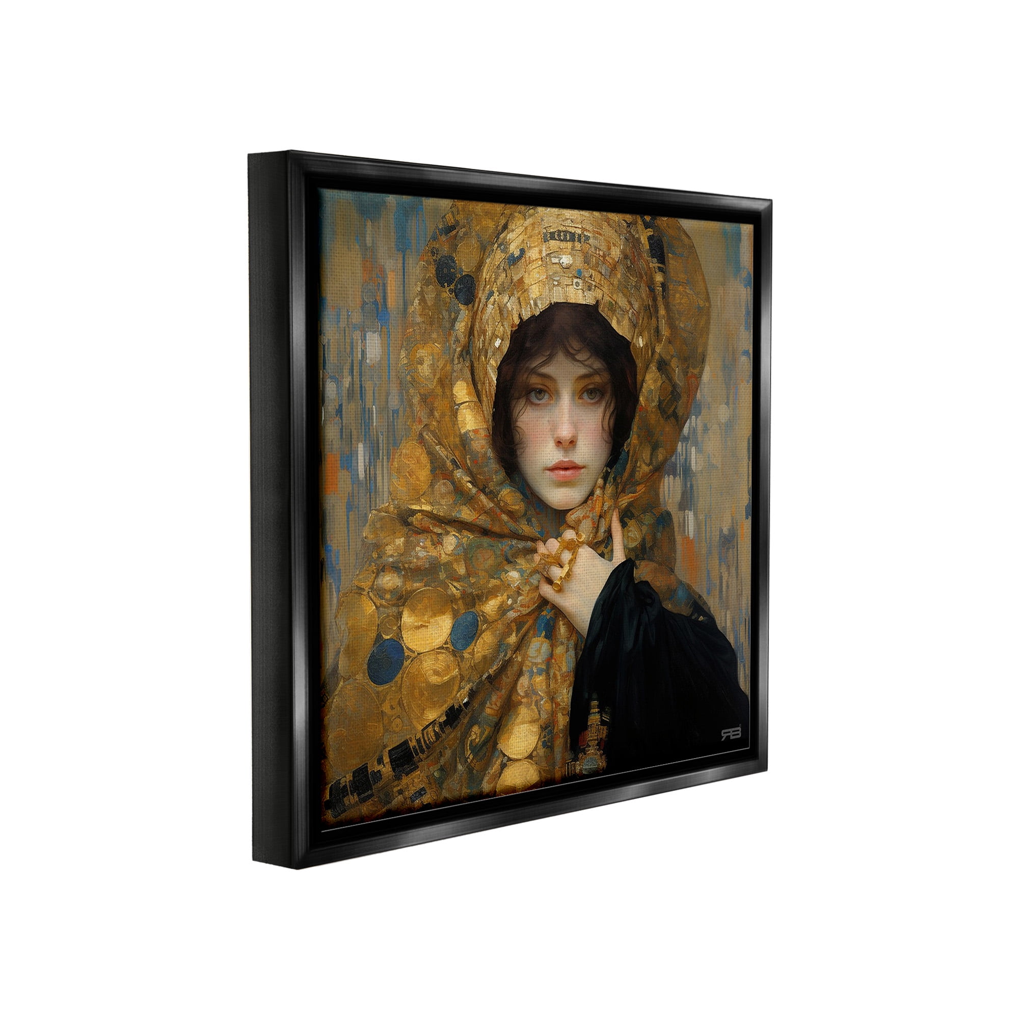 Stupell Industries Woman in Patterned Gold Abstract Painting Black Floater Framed Canvas Art Print Wall Art, 18 x 18