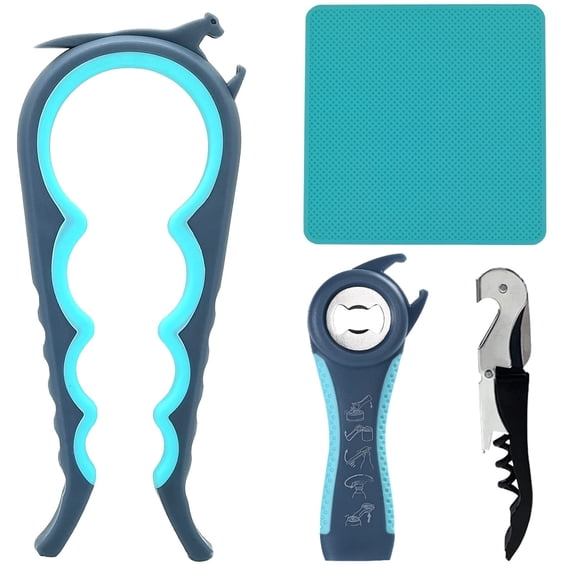 Jar Opener Bottle Opener and Can opener for Weak Hands,Seniors with Arthritis, Elderly, Jar Lid Opener Gadgets with Rubber Jar Opener Gripper Pad and Corkscrew Opener