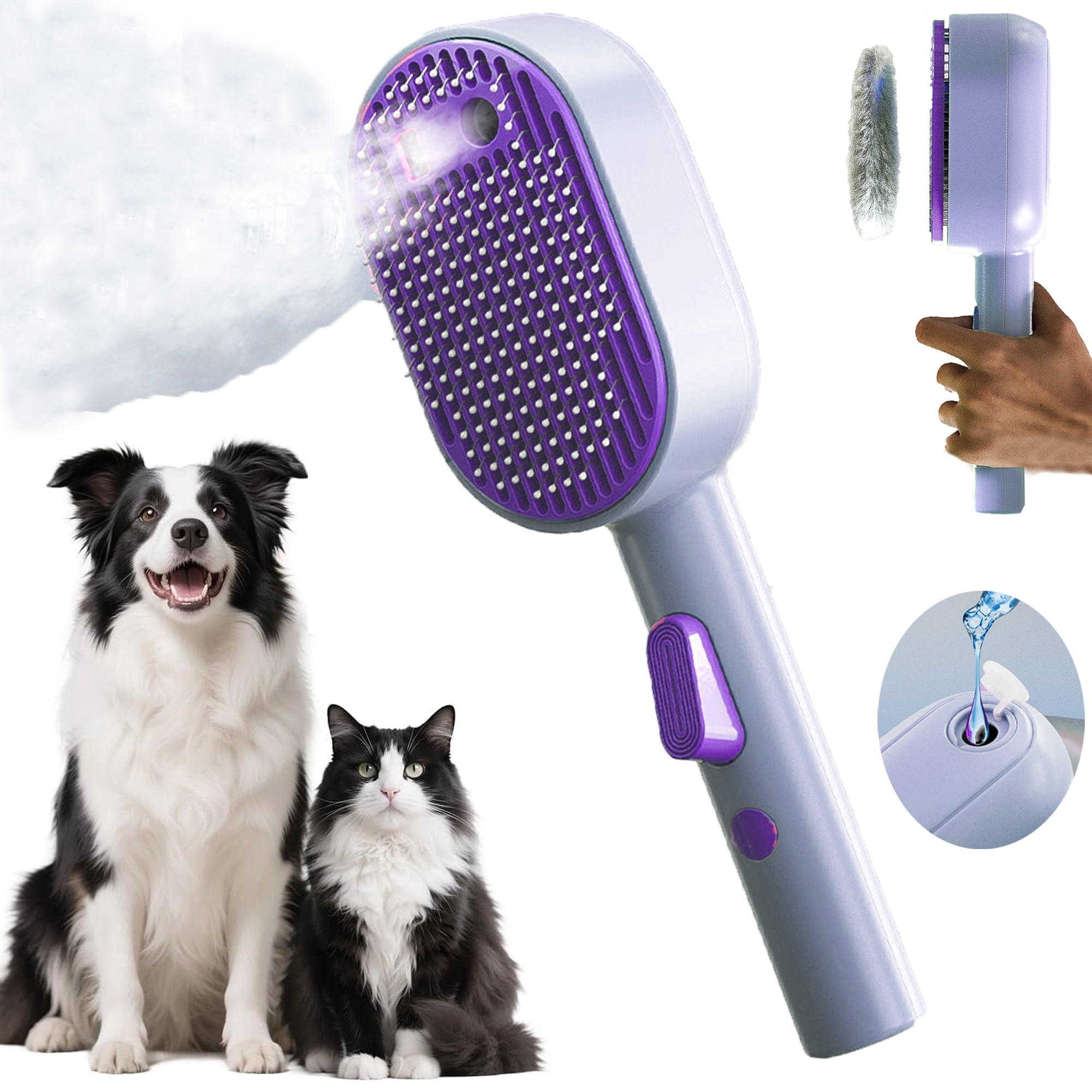 Pet Steam Brush for Dog & Cat – 3-in-1 Spray Hair Removal Comb for Shedding & Grooming, Softens Fur & Reduces Static – Water Brush for Long & Short Coats, Bath-Hating Pets, Includes Waterless Shampoo