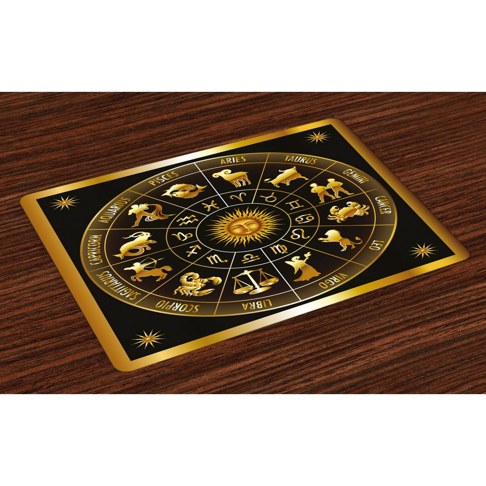 Astrology Placemats Set of 4 Wheel Zodiac Astrological Signs in Circle with Sun Moon Image in