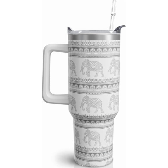 40 oz Elephant Tumbler with Handle and Straw, Gray Mandala Floral Stainless Steel Vacuum Insulated Travel Coffee Mug Cup Water Bottle, Grey Elephant Stuff Accessories Decor Gifts for Women Girls