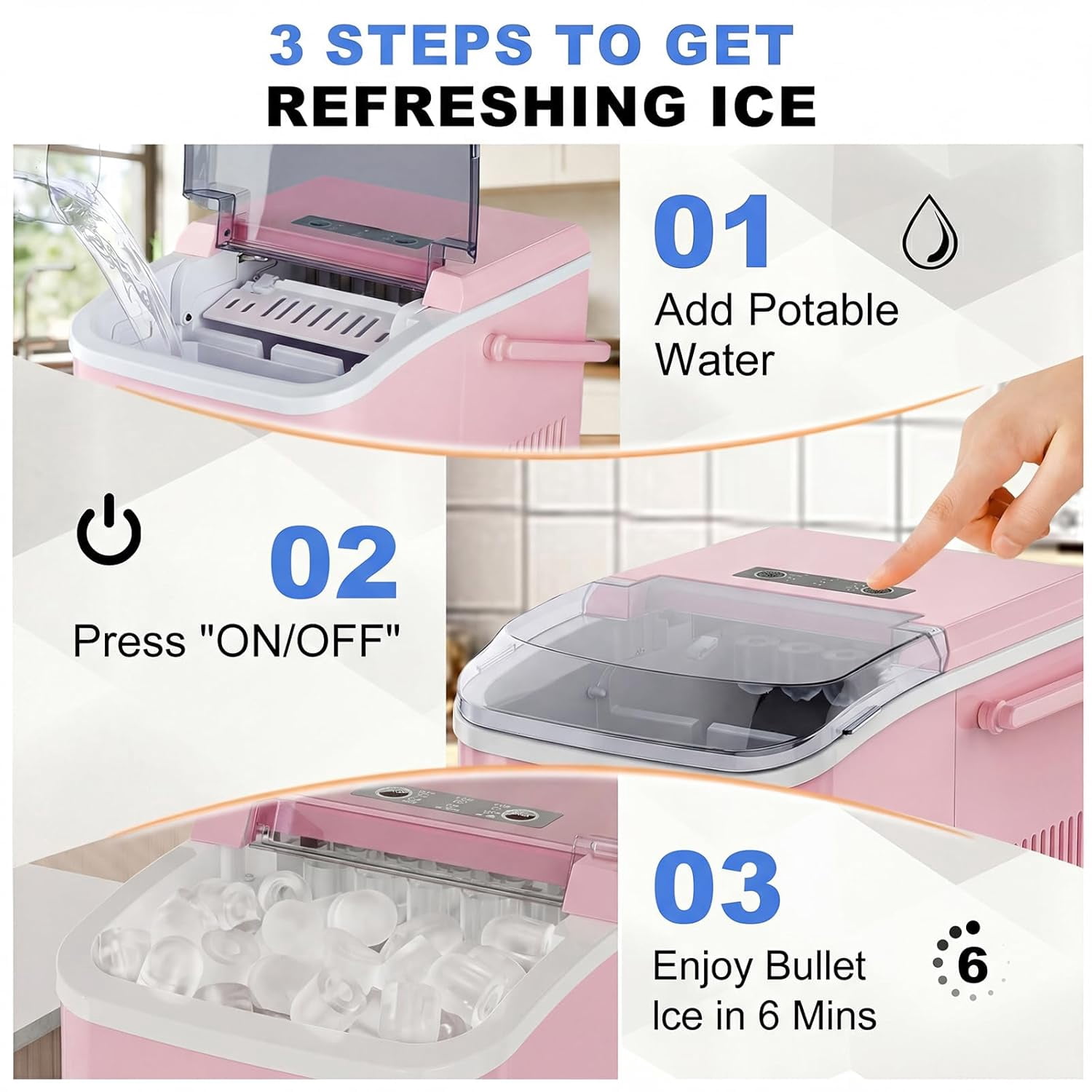 Portable Ice Maker Countertop, 9 Bullet Ice Cubes in 6 Mins, 26lbs/Day, Self-Cleaning, 1.5L Tank, Pink