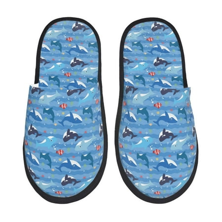 Balery Blue Fish Slient Indoor Furry Fleece Comfort House Shoes Soft Non-Slip Home Shoes Cotton slippers House Slippers-- Medium