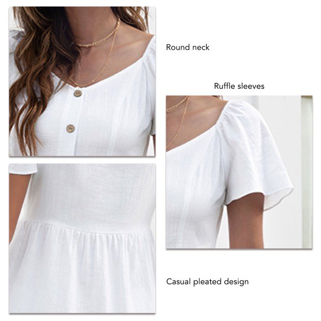 Vestido Plisado Informal Tela Suave Cuello Redondo Vestido Con Botones Para Mujer Mangas Con Volantes Para Vacaciones ANGGREK Ropa