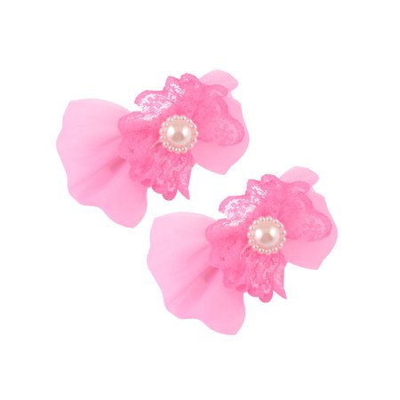 Pink Flower Shape - 2 x Plastic Pearl Detail Ultra Pink Gauze Flower Shape Alligator Hair Clips