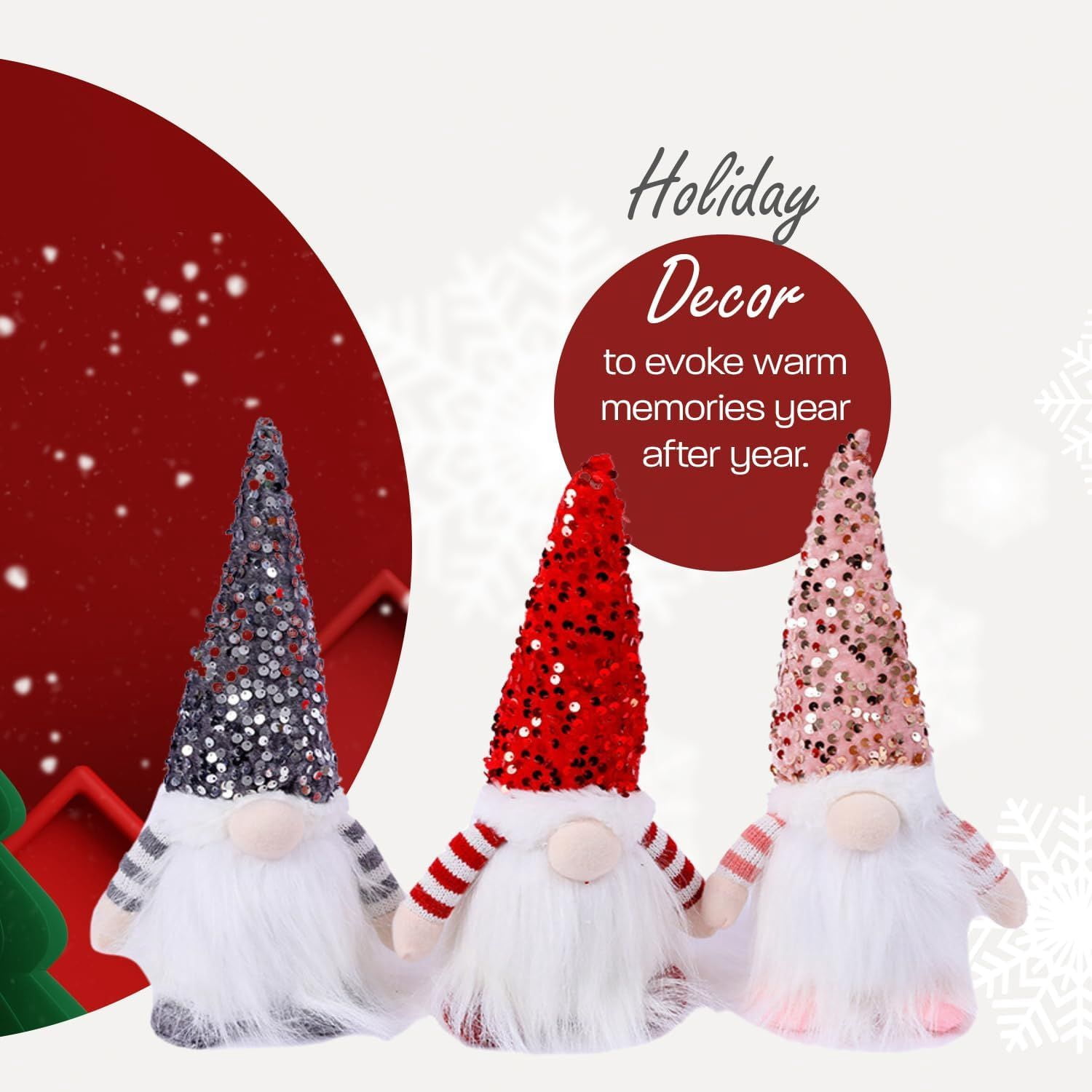 Christmas Set of 3 Light Up Christmas Gnomes, Silver, Pink & Red Christmas Gnomes - Plush Lighted Tomte Ornaments Figurines Dolls, Christmas Decorations