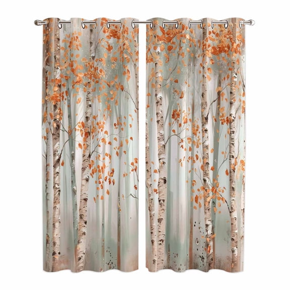 Orange Grey Forest Kitchen Curtains 84 Inch Length, Grey Modern Art Oil Painting Grommet Top Bedroom Living Room Curtains, Light Filtering Cafe Curtain Drapes 2 Panels Set 84''x84''