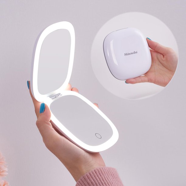 Espejo de maquillaje de viaje con aumento LED compacto - 4 pulgadas Aumento 1X / 10X Bolsillo de mano pequeño Regulable Doble cara USB Recargable Pantalla táctil Cosmético de mesa portátil (Blanco)