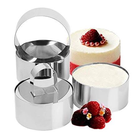 Condition photo showing New/Like New for set of 4 - round stainless steel small cake rings mousse and pastry mini baking ring mold with pusher