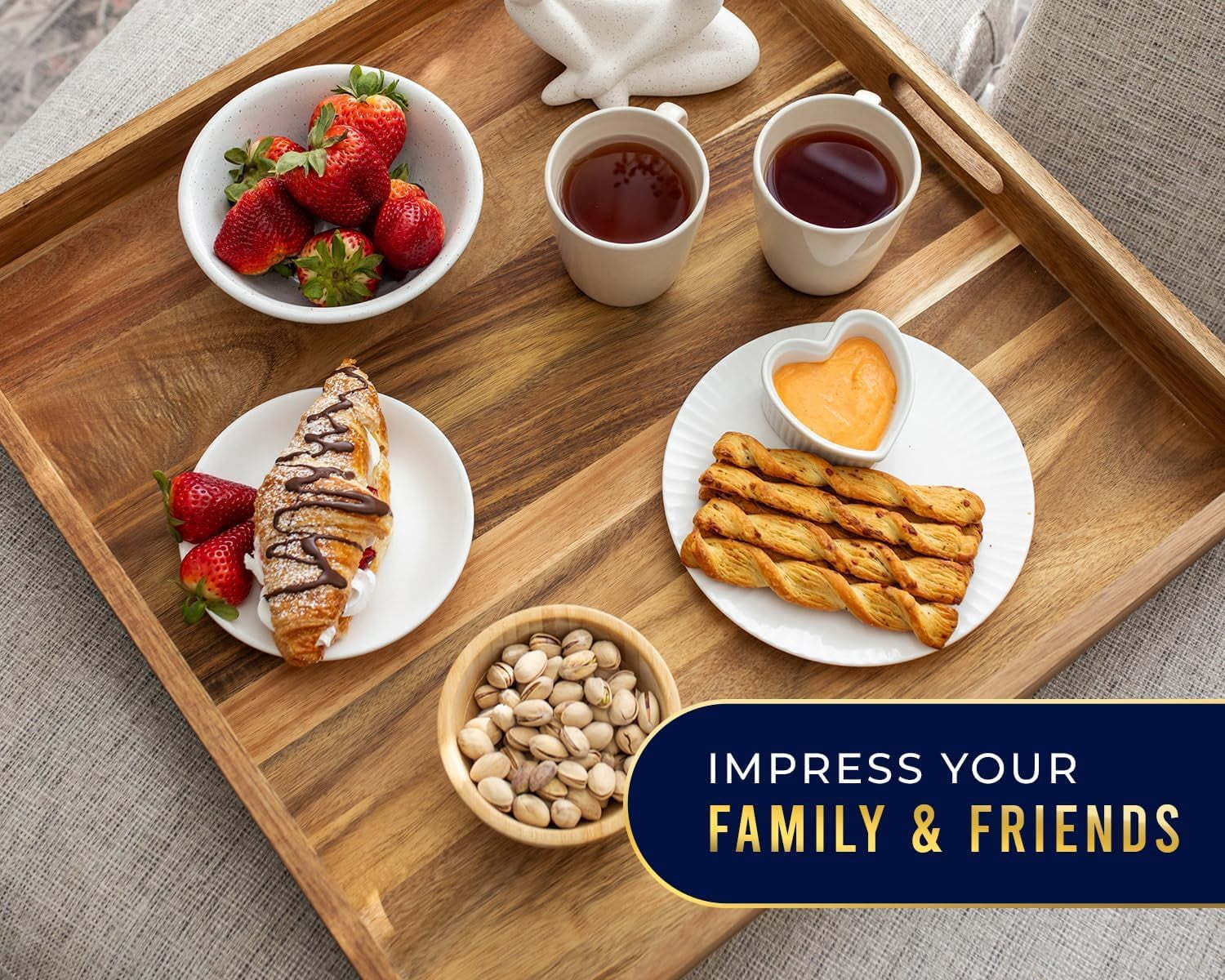 Comfify 22" Square Acacia Wood Serving Tray, Brown – Large Decorative Ottoman Tray with Handles for Food, Drinks & Home Organization