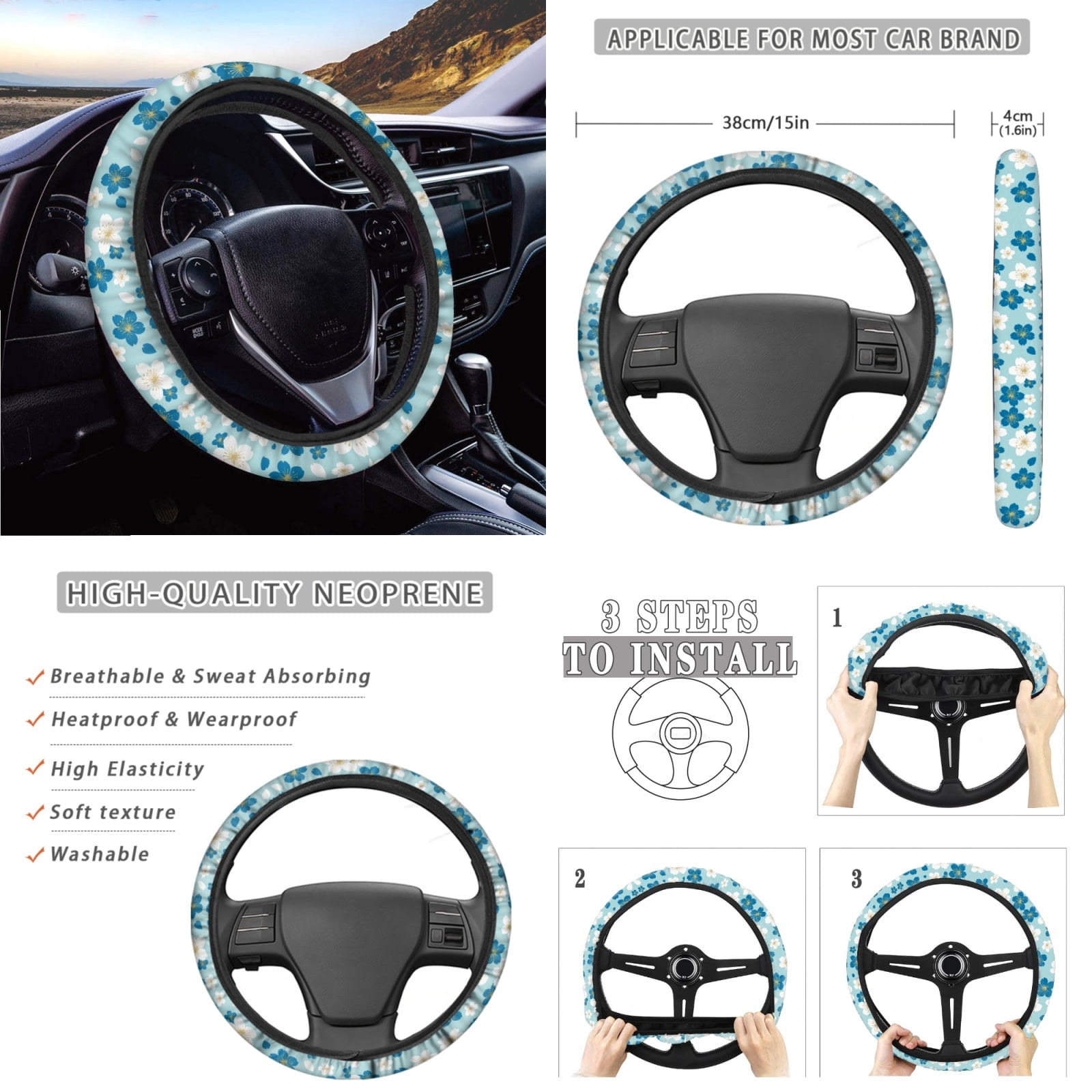 Yuyamidu Blue Flower Car Seat Covers Cute Steering Wheel Cover Seat Belt Cover Cup Holders Garbage Can Car Center Console Pad Handbrake Cover Gear Shift Knob Cover Rearview Mirror Cover, Pack of 14