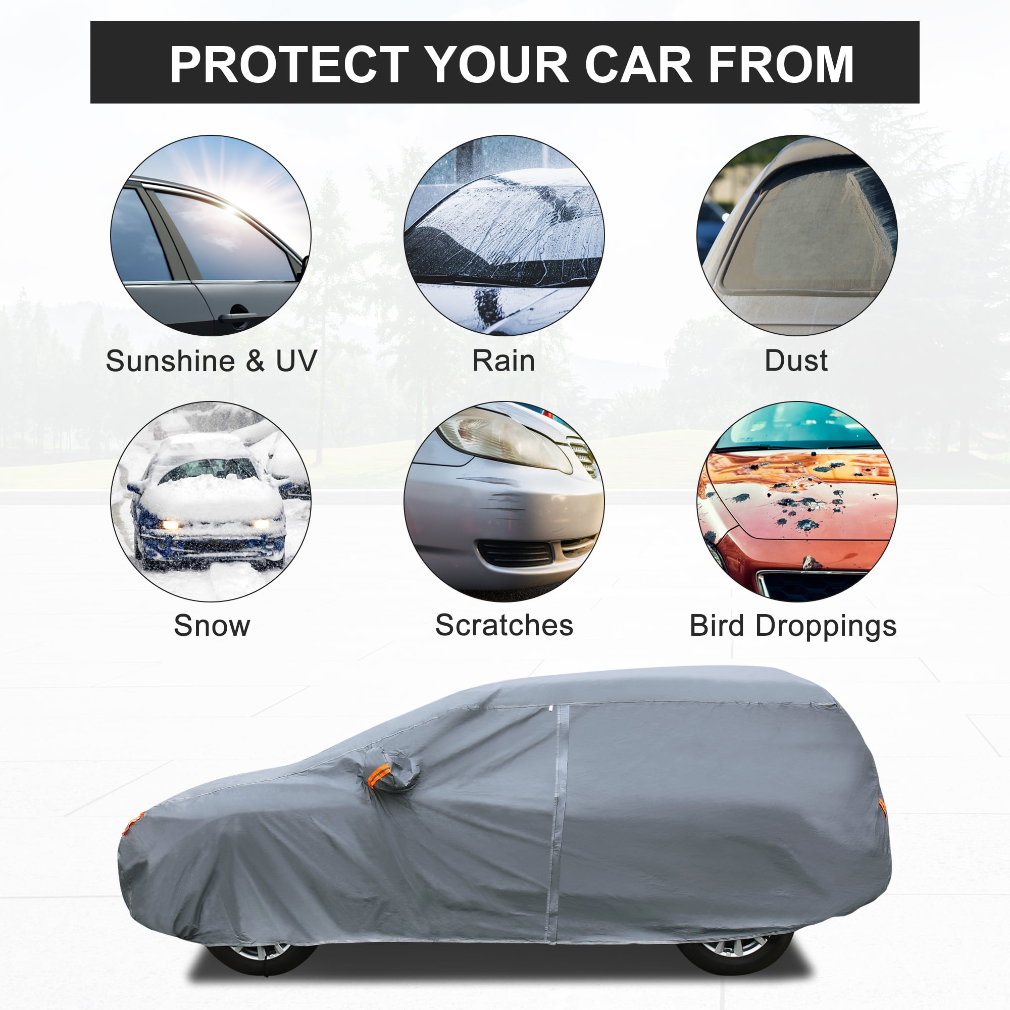 Unique Bargains 207 Gray YXL PEVA Full Car Cover Waterproof All Weather Sun  Resistant Soft Lining Zipper Door for SUV 