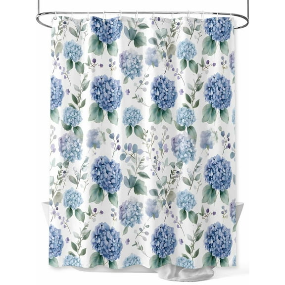 Blue Hydrangea Shower Curtain, Eucalyptus Leaves Watercolor Plant Farm Waterproof Shower Curtain Set with 12 Hooks Lightweight Washable Fabric Shower Curtains for Bathroom 48x72 Inches
