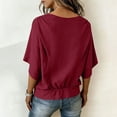 thumbnail image 6 of Craaazy Women's Casual Loose Fit Solid Color Crew Neck Shoulder Pleated Linen Cotton Blend Quarter Sleeve Blouse with Elastic Hem for Daily Wear Gifts, 6 of 9