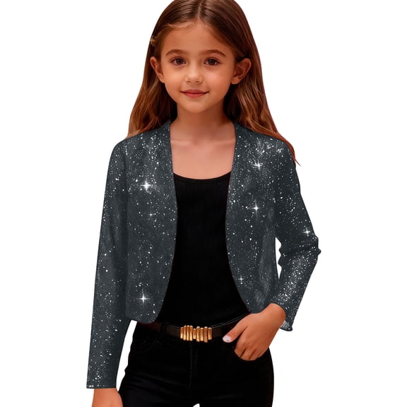 ZACPNCV Girls Sparkle Glitter Open Front Bolero Jacket Collarless Long Sleeve Cropped Jacket Elegant Performance Cardigan for Dance Birthday B-Dark Gray