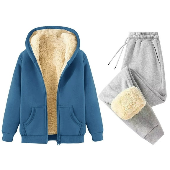 felwors Unisex Sherpa Lined Tracksuit Set Full Zip Hooded Jacket & Fleece-Lined Jogger Pants for Winter Casual/Active Wear Blue, XL