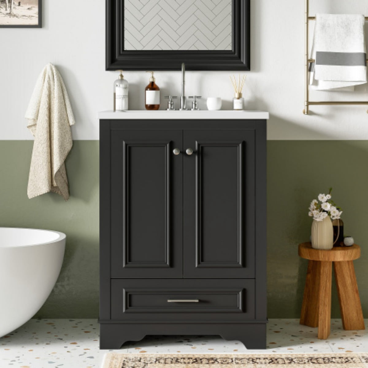 24" Bathroom Vanity with Ceramic Sink, Freestanding Bathroom Cabinet with Storage, Soft Close Doors, Adjustable Shelf, Silver Handles, Black