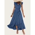 thumbnail image 5 of FreshPretty Women V Neck Summer Dress Cap Sleeve Swiss Dot Boho Flowy Ruffle Slit Beach Party Long Maxi Cocktail Dresses, 5 of 7