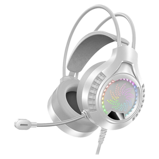 Casque de Jeu Blanc Blanc Rgb Filaire Usb avec Microphone Réduction de Bruit Prise 35Mm Bandeau Réglable pour Pc Ordinateur Portable Jeux Vidéo