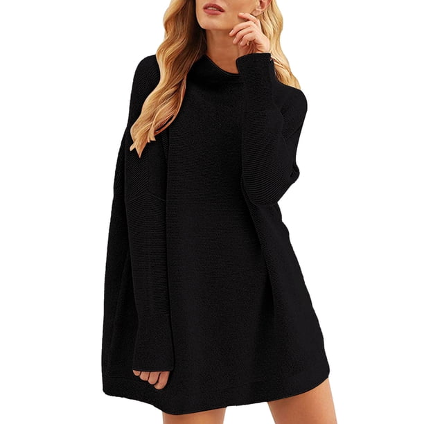 Gibobby Sueteres Para Mujeres Calientitos Elegantes Suéter suelto de cuello de otoño e invierno para mujer, suéter de punto de longitud media de Color sólido(Negro,M)